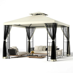 FUNG YARD 10' × 10' Outdoor Patio Gazebo with Netting - Beige