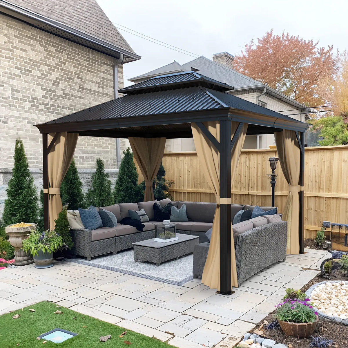 FUNG YARD Outdoor Hardtop Gazebo With Netting And Curtains