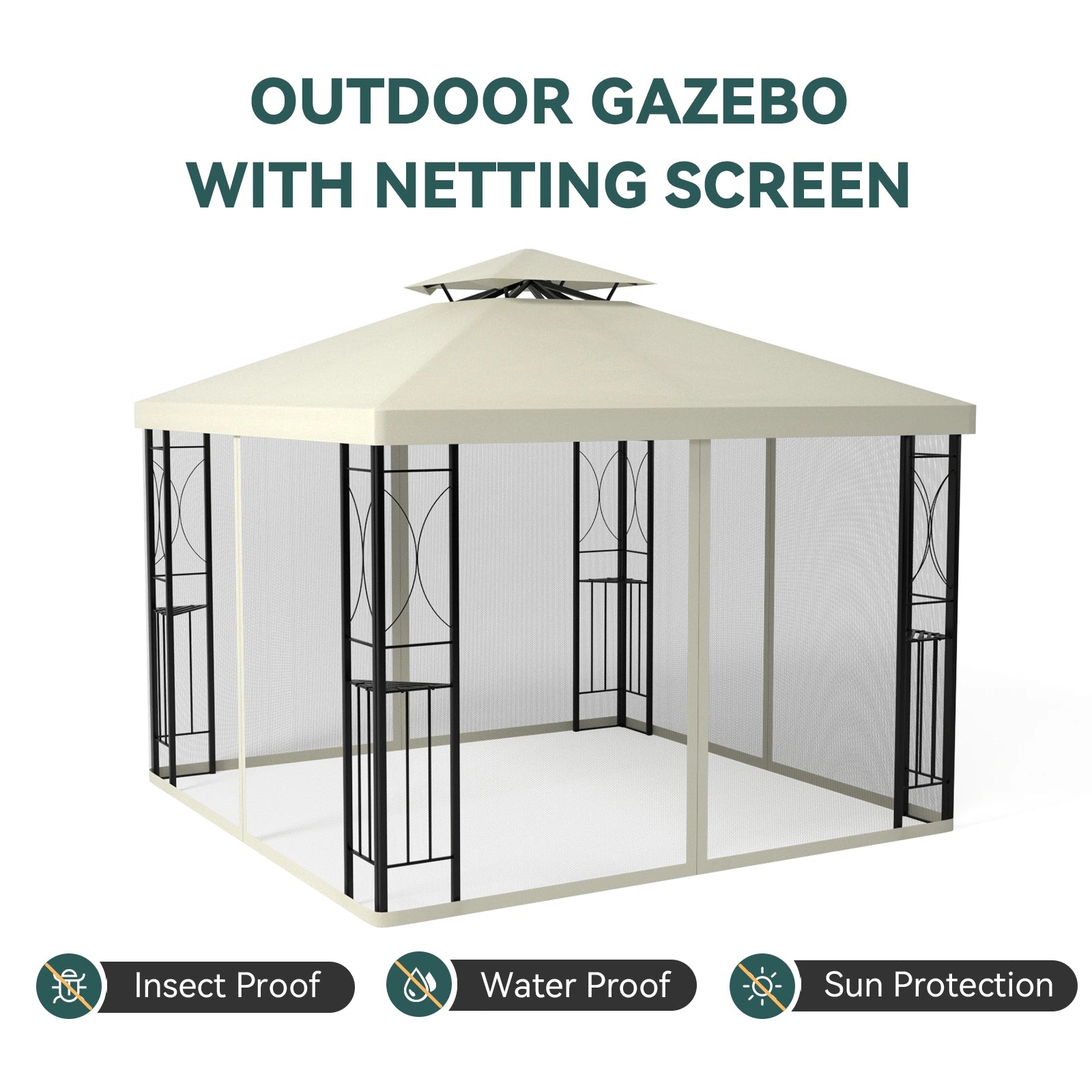 FUNG YARD 10' × 10' Outdoor Patio Gazebo with Netting - Beige
