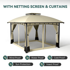 FUNG YARD 10' × 12' Outdoor Patio Gazebo with Netting and Curtains